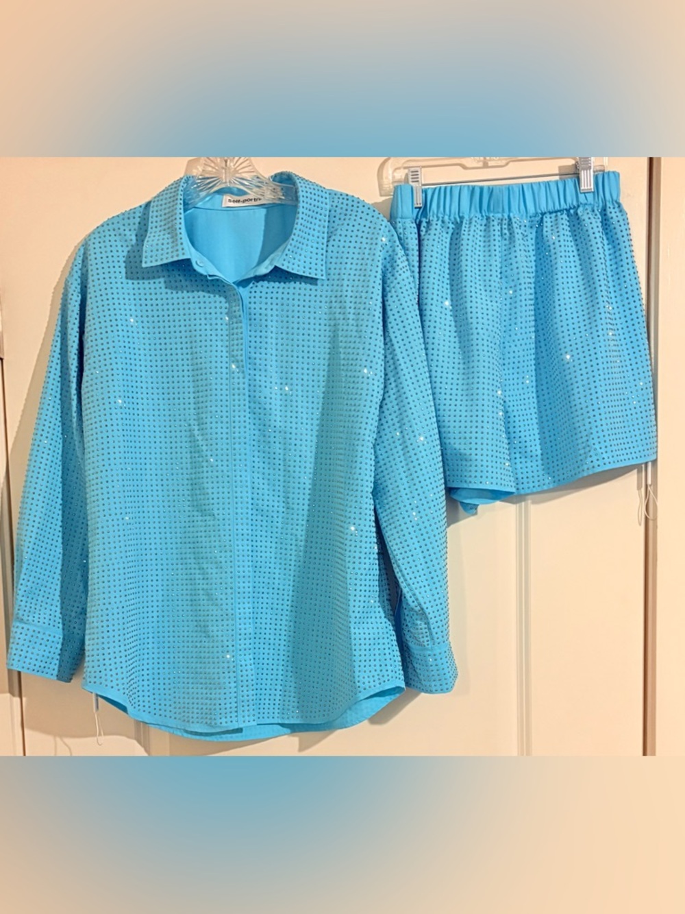 Self-Portrait Light Blue Crystal-Embellished Set Shirt/Size 0 Short/Size 4 NWT’S